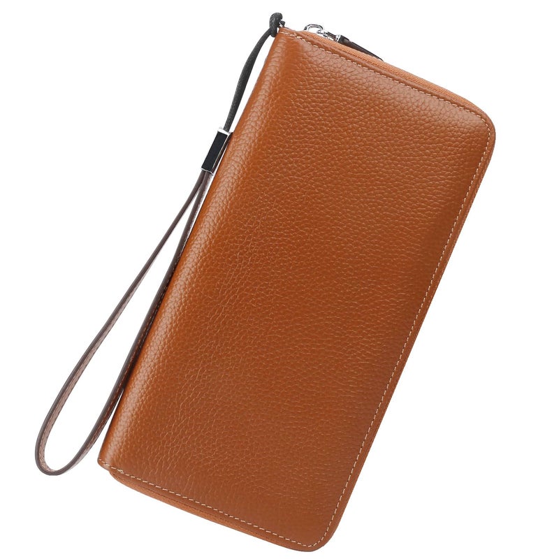 Lavemi Women's RFID Blocking 100% Leather Large Capacity Zip Around Wallet Phone Holder Clutch Travel Purse Wristlet(Large Size Pebble Brown) - Image 1
